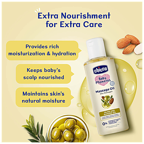 Chicco Baby Moments -  Massage Oil, Olive & Almond Oil, For Deep Moisturised Skin & Nourished Scalp, 200 ml  Parabens Free