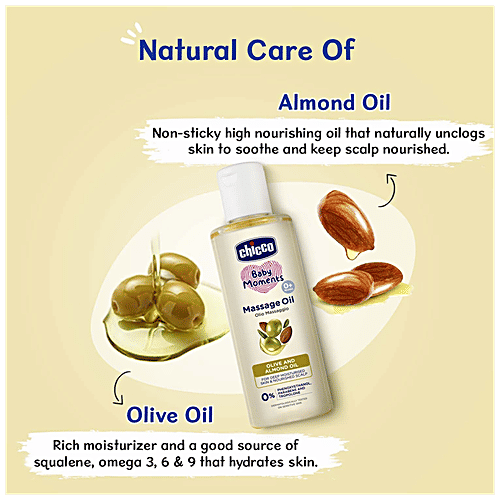 Chicco Baby Moments -  Massage Oil, Olive & Almond Oil, For Deep Moisturised Skin & Nourished Scalp, 200 ml  Parabens Free