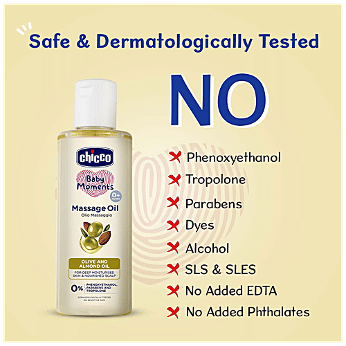 Chicco Baby Moments -  Massage Oil, Olive & Almond Oil, For Deep Moisturised Skin & Nourished Scalp, 200 ml  Parabens Free