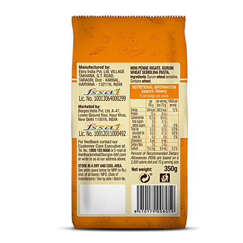 Borges Durum Wheat Pasta - Mini Penne Rigate, 350 g Pouch 0% Cholesterol & No TransFats
