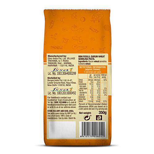 Borges Durum Wheat Pasta - Mini Fusilli, 350 g Pouch 0% Cholesterol & No TransFats