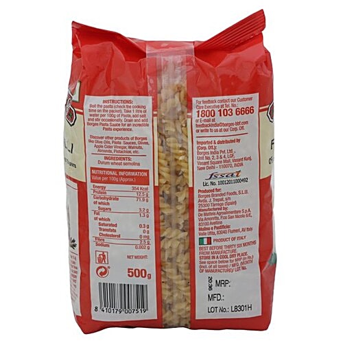 Borges Durum Wheat Pasta - Fusilli, 500 g Pouch 0% Cholesterol & No TransFats