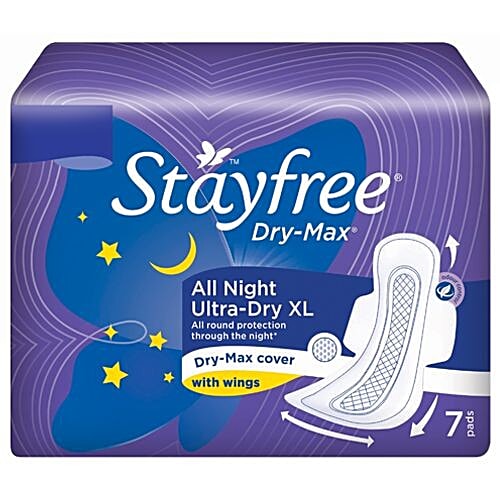 STAYFREE Sanitary Pads - Dry-Max All Night Ultra-Thin Xl, with Wings, 7 Pads Pouch 