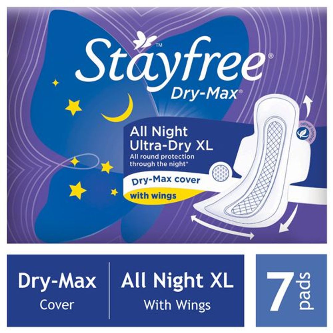 STAYFREE Sanitary Pads - Dry-Max All Night Ultra-Thin Xl, with Wings, 7 Pads Pouch