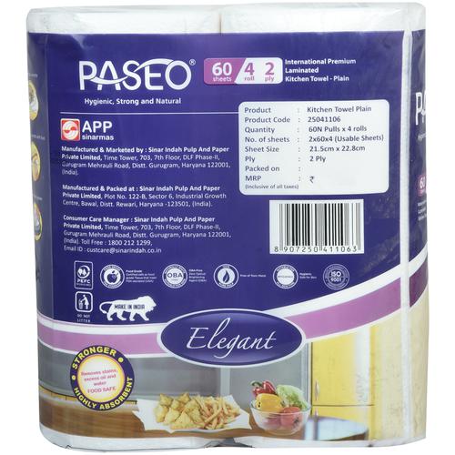 Paseo Kitchen Towel Tissue Rolls - 2 Ply, 4 pcs (60 Sheets Each) Stronger & Highly Absorbent