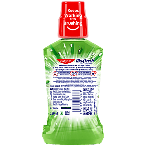 Colgate Maxfresh Plax Mouthwash - Fresh Tea, 250 ml  No Alcohol, Removes 99% Germs