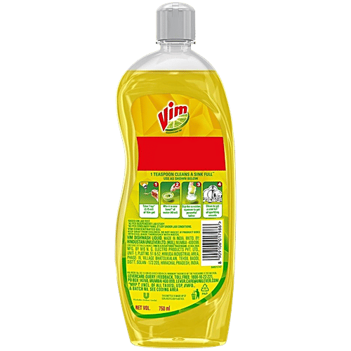 Vim Dishwash Liquid Gel With Lemon Fragrance - Leaves No Residue, Grease Cleaner For All Utensils, 750 ml Bottle