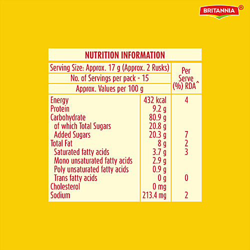 Britannia Toastea Premium Bake Rusk With Goodness Of Elaichi, Sooji & Wheat, 250 g  0% Trans Fat
