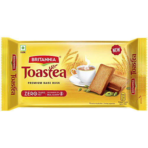 Britannia Toastea Premium Bake Rusk With Goodness Of Elaichi, Sooji & Wheat, 250 g  0% Trans Fat