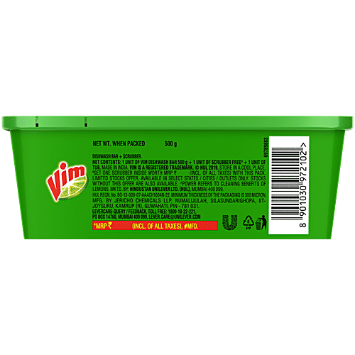 Vim Lemon Dishwash Bar, 500 g (Get 1 Scrubber Free) 