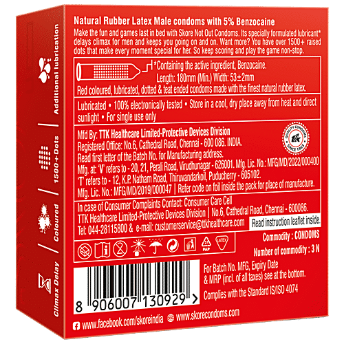 Skore Not Out Condoms - Climax Delay & Dotted, 3 pcs  Special Delay Lubricant