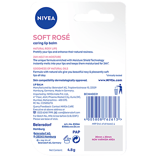 Nivea Soft Rose Lip Balm - 24h Moisture With Natural Oils, Delicate Rose Shine, 4.8 g  With Natural Oils