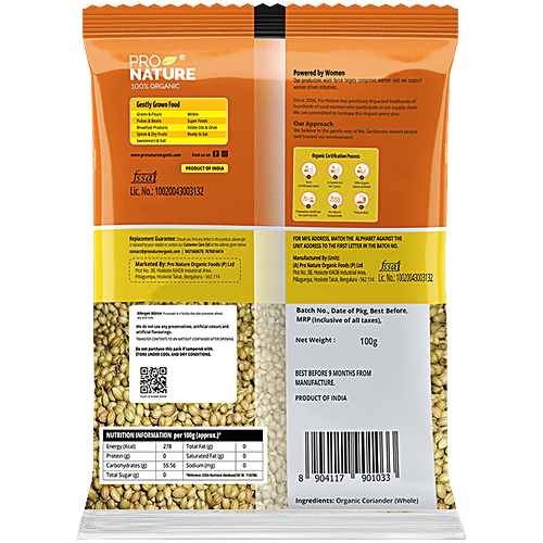 Pro Nature Organic Coriander (Whole), 100 g Pouch No GMO