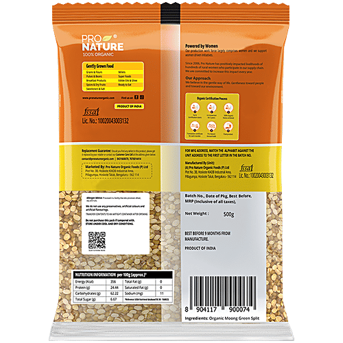 Pro Nature Organic Moong - Green (Split), 500 g Pouch 