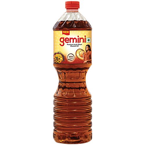 Gemini Premium Kachi Ghani Mustard Oil, 1 L Bottle Zero Cholesterol