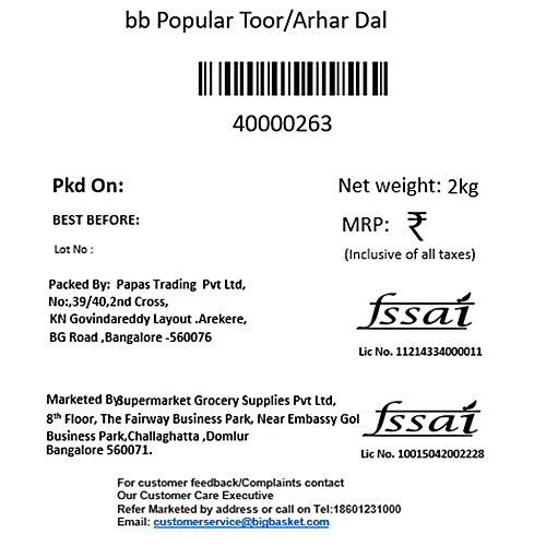 bb Popular Toor/Arhar Dal, 2 kg Pouch 