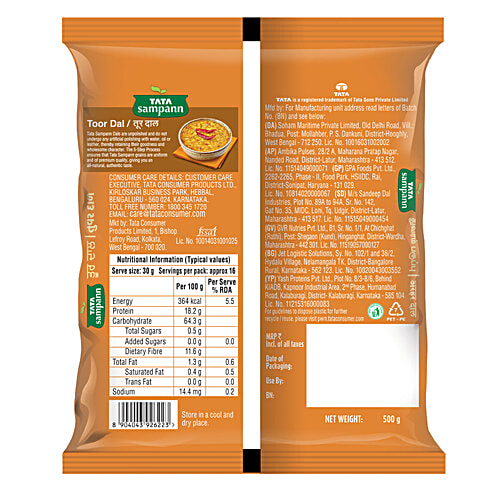 Tata Sampann Toor Dal/Togari Bele, 500 g Pouch 