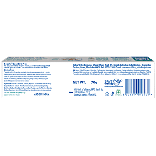 Colgate Sensitive Plus Toothpaste - Anticavity, 70 g Clinically Proven to Reduce Sensitivity