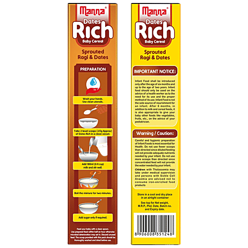 Manna Manna Baby Cereal 200g, Sprouted Ragi & Dates, 6+ Months, Baby Food,Infant Food, 200 g Carton 