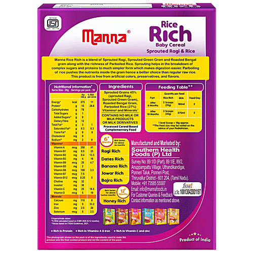 Manna Manna Baby Cereal 200g, Sprouted Ragi & Rice, 6+ Months, Baby Food,Infant Food, 200 g Carton 