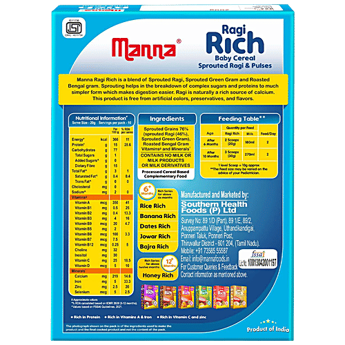 Manna Manna Baby Cereal 200g, Sprouted Ragi & Pulses, 6+ Months, Baby Food, Infant Food, 200 g Carton