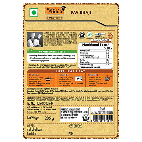 Kitchens Of India Ready to Eat - Pav Bhaji, 285 g Carton 