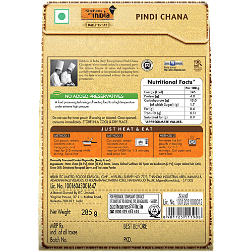 Kitchens Of India Pindi Chana - Just Heat & Eat, 285 g Ready to Eat Indian Food, No Added Preservatives, Microwavable