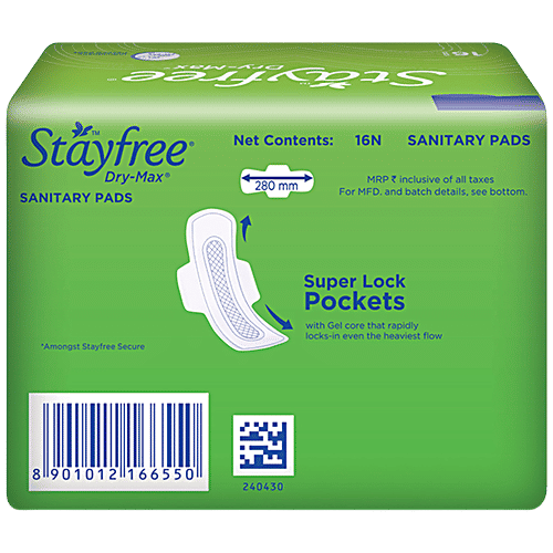 STAYFREE Sanitary Pads - Dry-Max Ultra-Dry, with Wings, 16 pcs  Odour Control