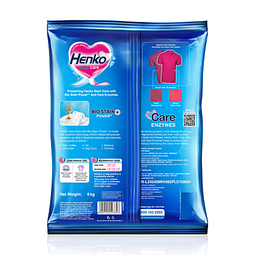 Henko Stain Care Detergent Powder, 6 kg Pouch Oxygen Power + Care Enzymes