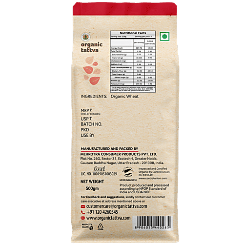 Organic Tattva Organic Wheat Dalia, 500 g Pouch Fiber Rich