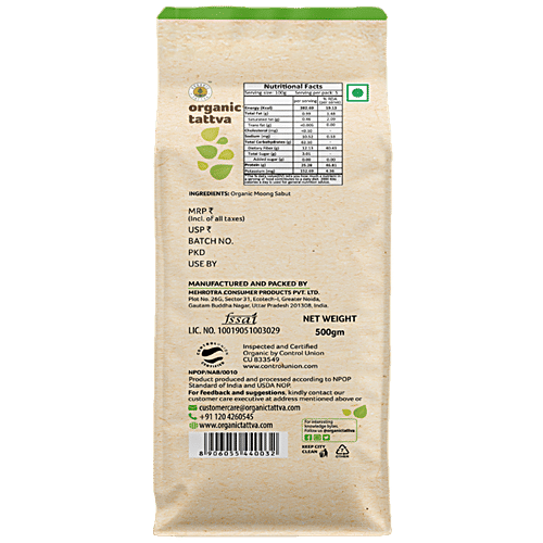 Organic Tattva Green Moong - Whole/ Sabut, 500 g Pouch Gluten Free, No Additives