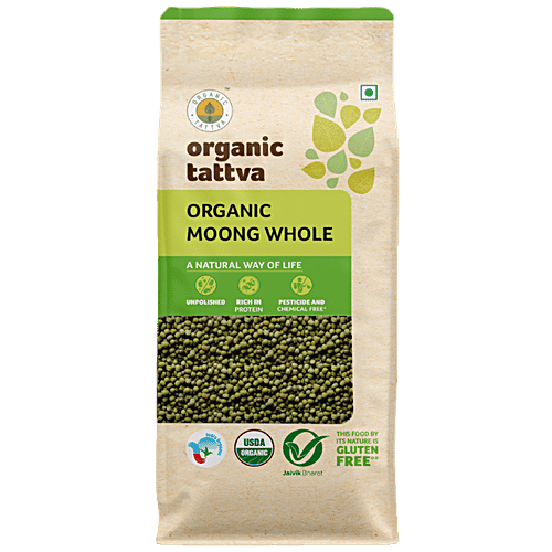 Organic Tattva Green Moong - Whole/ Sabut, 500 g Pouch Gluten Free, No Additives