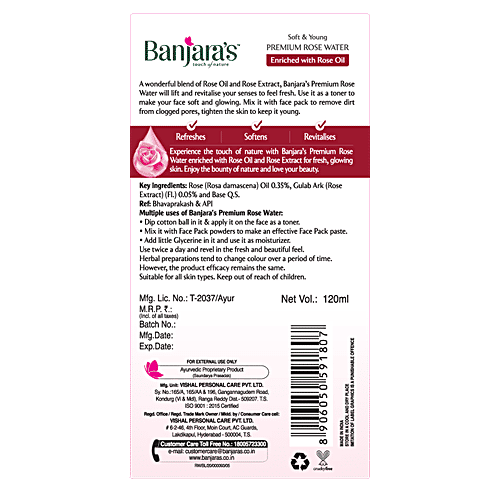 Banjara's Premium Rose Water - Enriched with Rose Extract, Soft & Young,, Alcohol Free, Paraben Free, 120 ml  Alcohol Free, Paraben Free