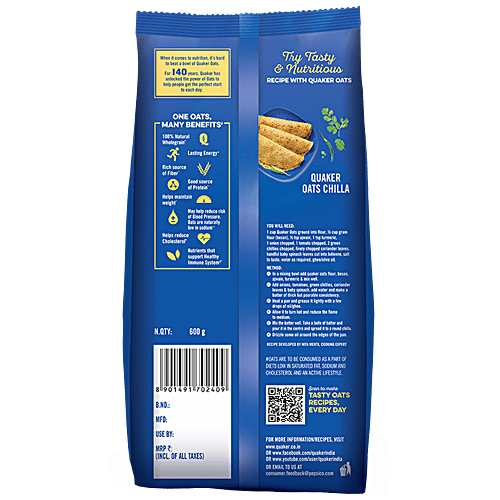 Quaker Oats -Whole Grain, Breakfast Cereal, Rich In Fibre & Calcium, Good For Heart, 600 g Pouch Rich Source of Dietary Fibre