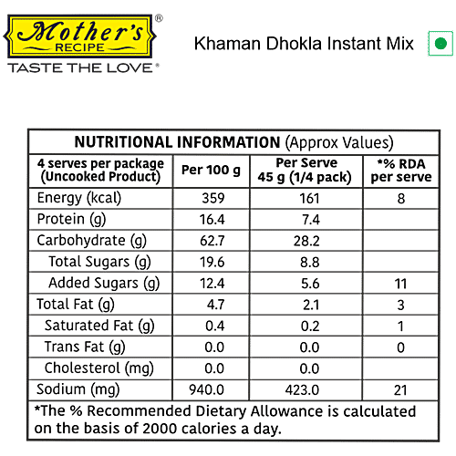 Mother's Recipe Khaman Dhokla Instant Mix, 180 g Pouch Zero Trans Fat