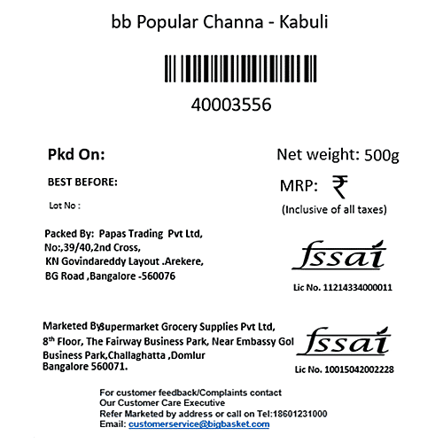 bb Popular Kabuli Channa/Kabuli Harbhara/Chana, 500 g Pouch 