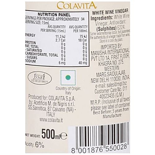 Colavita White Wine Vinegar - Product of Italy, 500 ml Bottle 