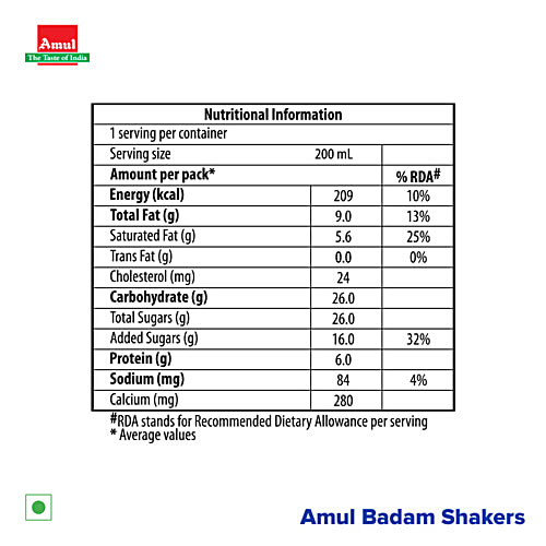 Amul Kool Milkshake - Badam, 200 ml Can No Preservatives Added