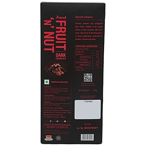 Amul Fruit N Nut Dark Chocolate, 150 g Carton Zero Trans Fat, 55% Rich In Cocoa