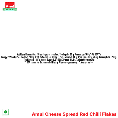 Amul Processed Cheese Spread - Red Chilli Flakes, Made from Pure Milk, 200 g Tub Zero Added Sugar