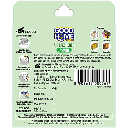 Good Home Air-Freshener Jasmine For Bathrooms, Suitcases, Cupboards, Shoe Racks | Long-Lasting Fragrance, 75 g  With Improved Longer Lasting Fragrance