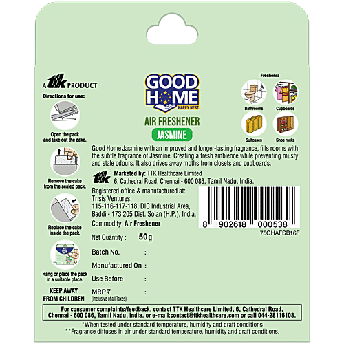 Good Home Air-Freshener Jasmine For Bathrooms, Suitcases, Cupboards, Shoe Racks | Long-Lasting Fragrance, 50 g  New and Improved
 Lasts upto 45 days
 Air Diffusion technology
