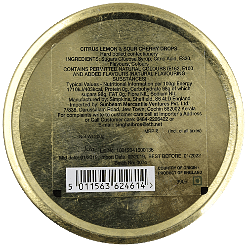 Simpkins  Travel Sweets - Citrus Lemon & Sour Cherry, 200 g Tin 