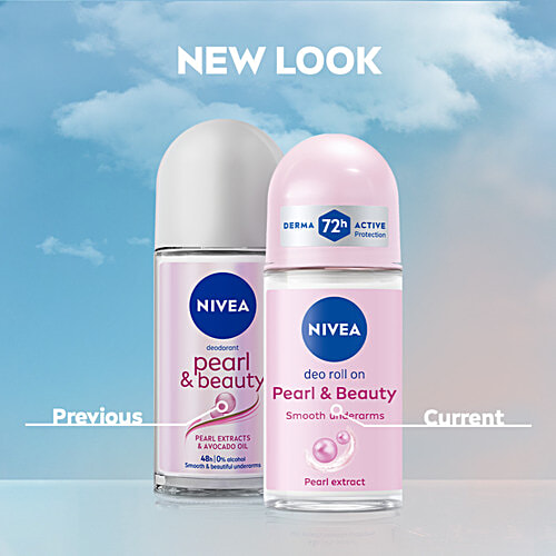 Nivea Pearl & Beauty Women Deodorant Roll On - For Smooth & Beautiful Underarms, 48h Protection, 50 ml Bottle 48h Protection, 0% Alcohol, Smooth & Beautiful Underarms