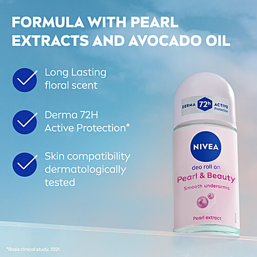 Nivea Pearl & Beauty Women Deodorant Roll On - For Smooth & Beautiful Underarms, 48h Protection, 50 ml Bottle 48h Protection, 0% Alcohol, Smooth & Beautiful Underarms