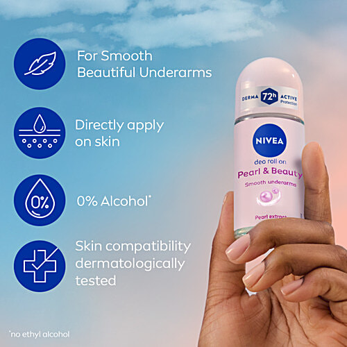 Nivea Pearl & Beauty Women Deodorant Roll On - For Smooth & Beautiful Underarms, 48h Protection, 50 ml Bottle 48h Protection, 0% Alcohol, Smooth & Beautiful Underarms