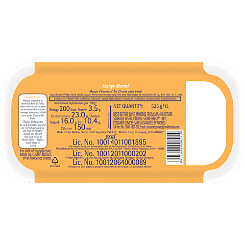 Buy Mother Dairy Fruit Classic Ice Cream Mango Marvel 1 Lt Box Online