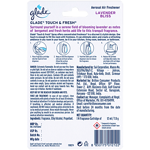 Glade Touch & Fresh Aerosol Air Freshener - Wild Lavender, 12 ml  One Touch Freshness
 Eliminates Odours
 Lasting Fragrance