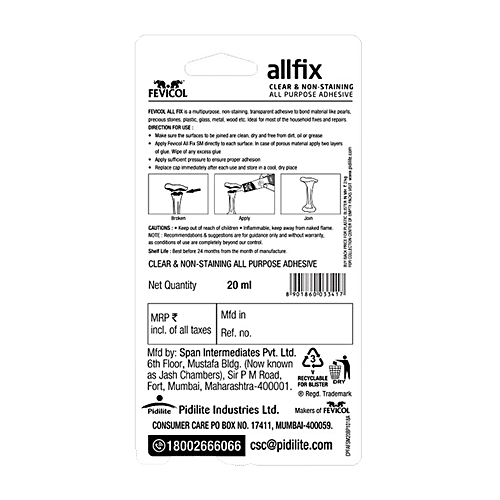 Fevicol Allfix Clear & Non-Staining All Purpose Adhesive, 20 ml Versatile
Waterproof