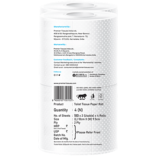 Premier 2 Ply Toilet Tissue Paper Rolls, 4 pcs (180 Pulls)